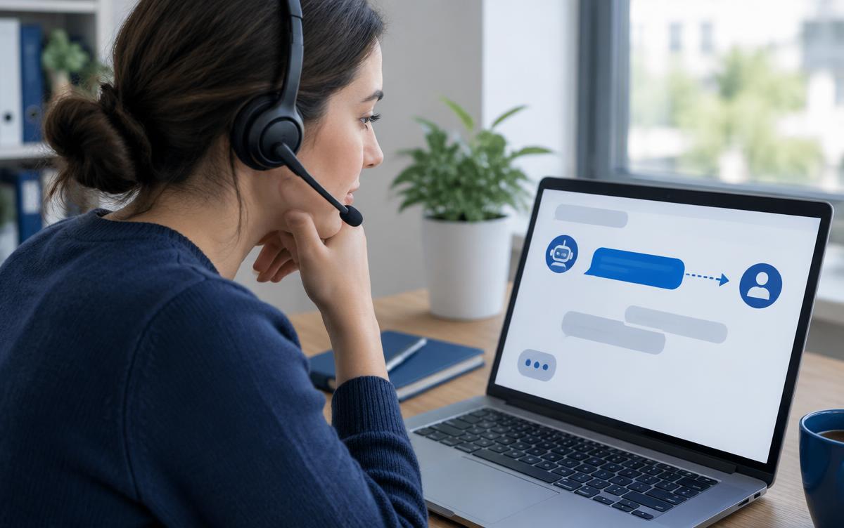 Support operator reviewing a conceptual AI-to-human chat handoff
