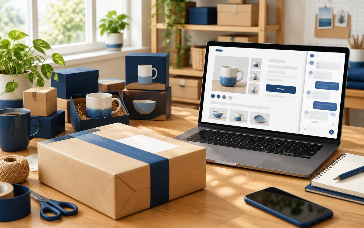 Online store packing desk with a laptop showing a conceptual product page and chat