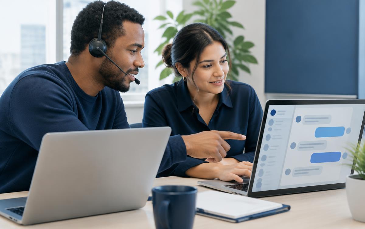 Two support teammates looking at a shared conversation on a laptop