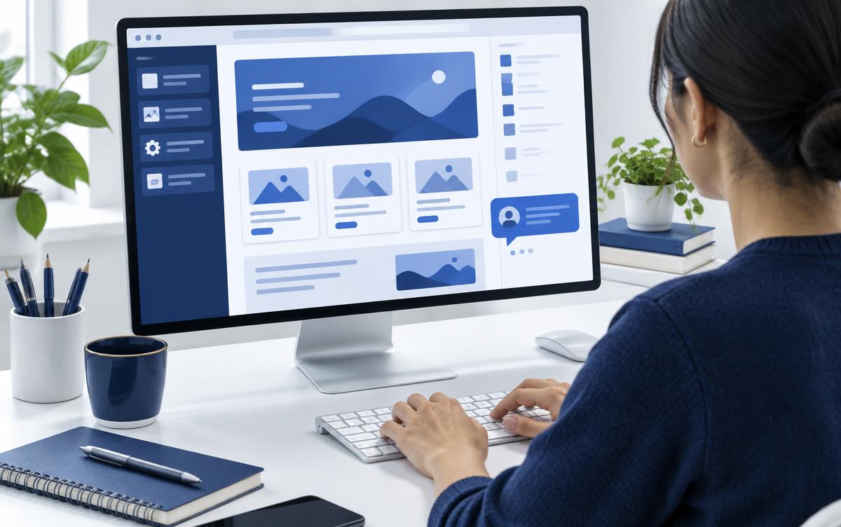 Website editor preparing a chat widget on a desktop computer